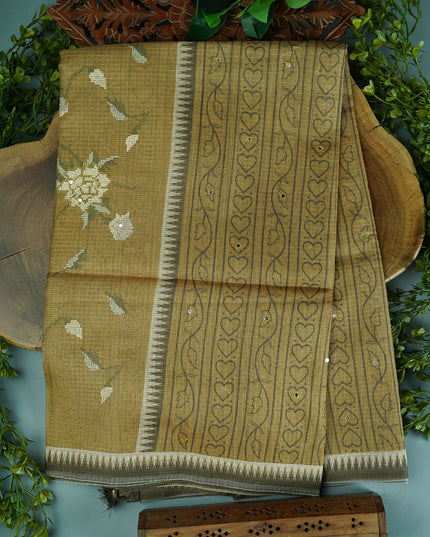 Kota Silk Saree With Mirror and Thread Work - Yellow