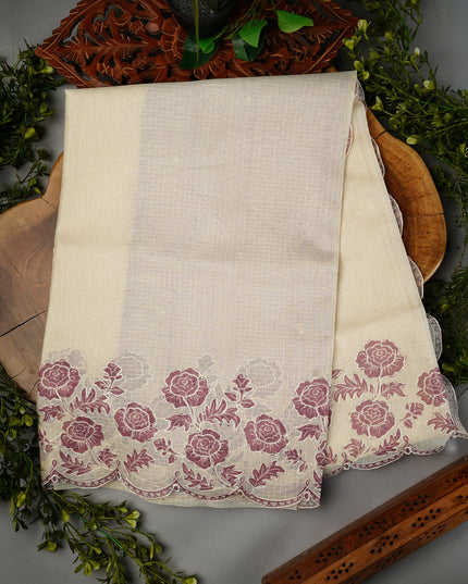 Kota Silk Saree with Floral Print and Ari Work Scallop Border - Cream Lavender