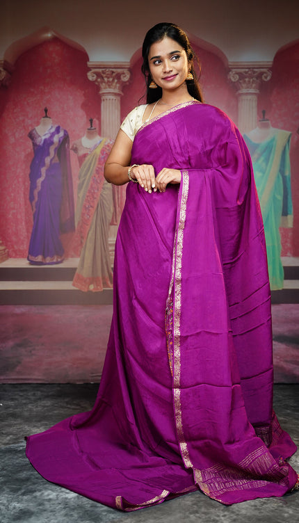 Binny Crepe Silk Saree With Golden Border - Purple