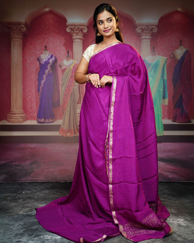 Binny Crepe Silk Saree With Golden Border - Purple