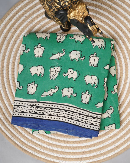 Mul cotton saree with Elephant print butties and contrast border - Bottle Green