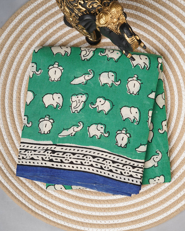 Mul cotton saree with Elephant print butties and contrast border - Bottle Green