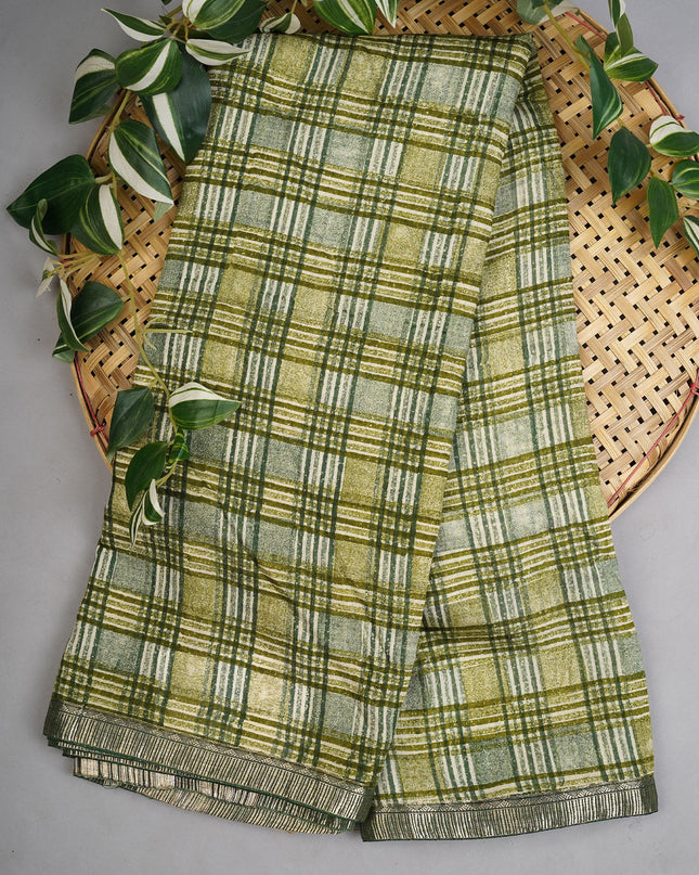 Muslin Silk Saree With Silver Zari Border - Green