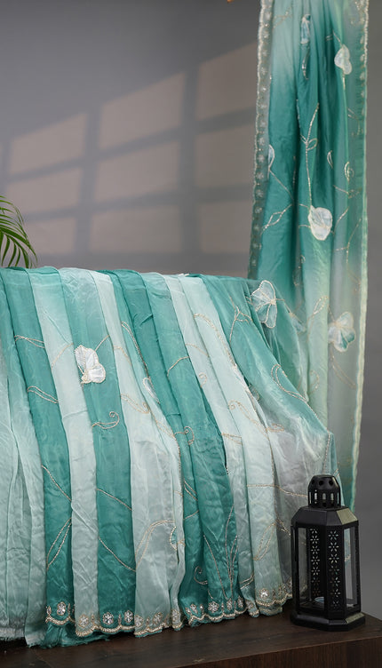 Russian Silk Shibori Saree Applique & Zardosi work  and Scallop Border with Sequence Work