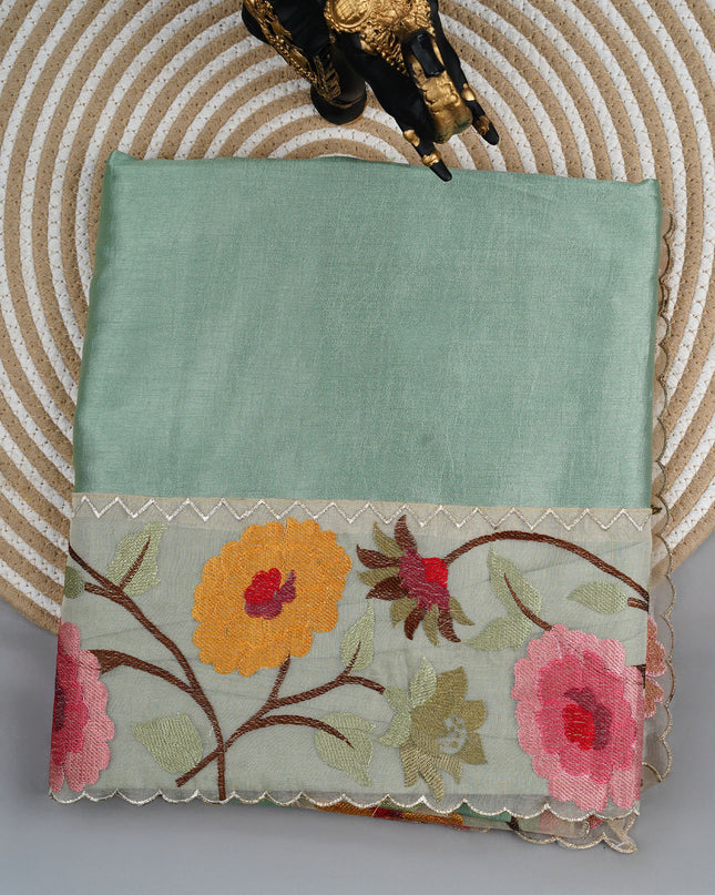 Kora Dupion Saree with Thread Work and Scallop Border - Sea Green