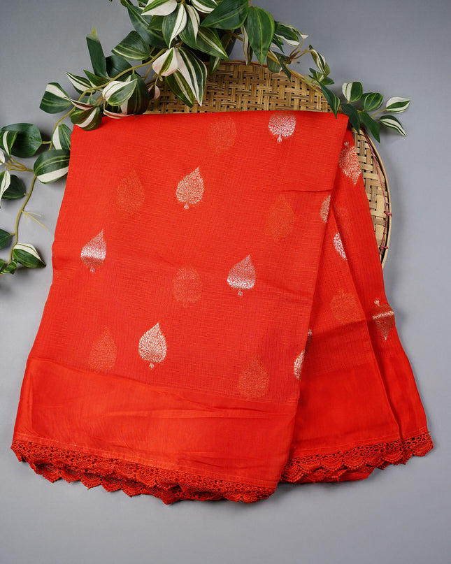 Kota Silk Saree With Golden Butties & Lace Border - Orange