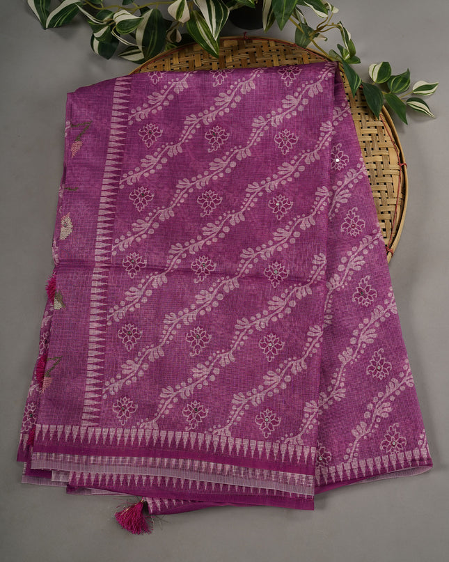 Kota Silk Saree With Digital Print Leharia Pattern With Mirror Work - Purple