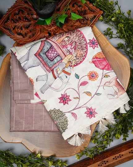 Tusser Silk Saree with Digital Print and Contrast Border- Beige