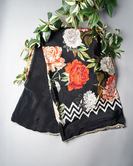 Crepe Saree With Floral Print Scallop Border Kardana Zardosi Sequence Work - Black