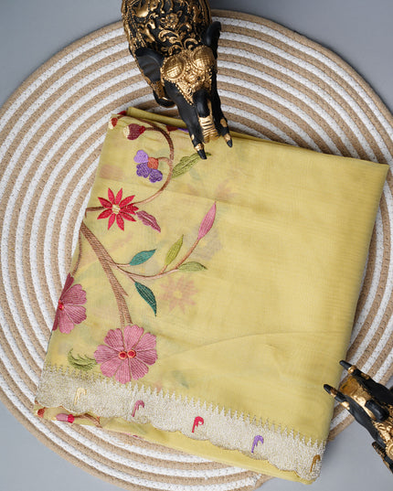 Soft tissue organza saree with thread Embroidered work and scallop muniya border - Lemon Yellow