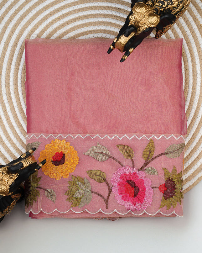 Soft tissue Organza saree with Thread work and scallop border - Baby Pink