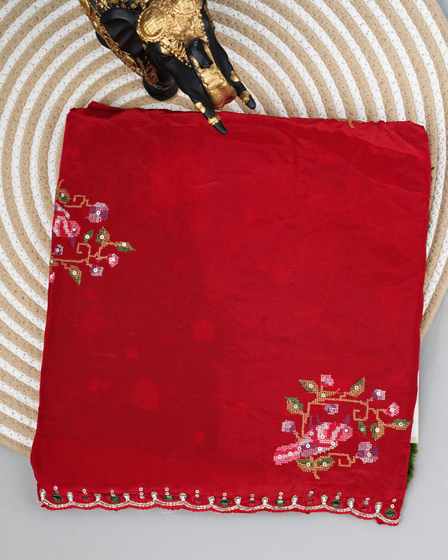 Italian crepe saree with thread Embroidered work butties and scallop border Kardhana work - Red