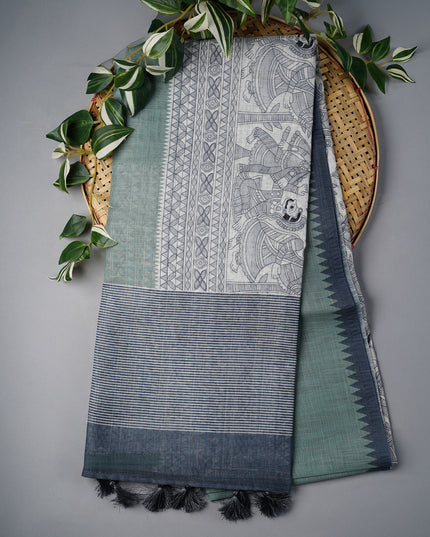 Lenin Silk Saree with Madhubhani Print Contrast Border- Green