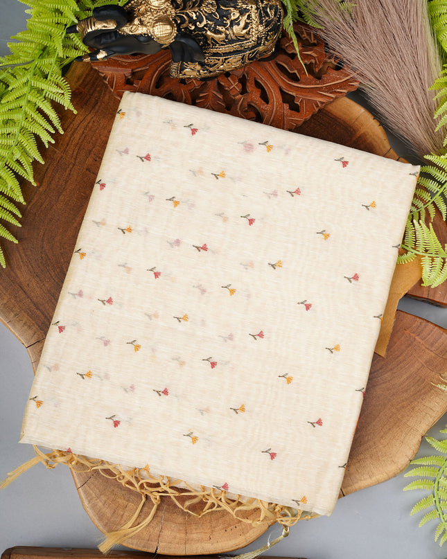 Linen Saree With Thread Work Butties and golden Border - Cream