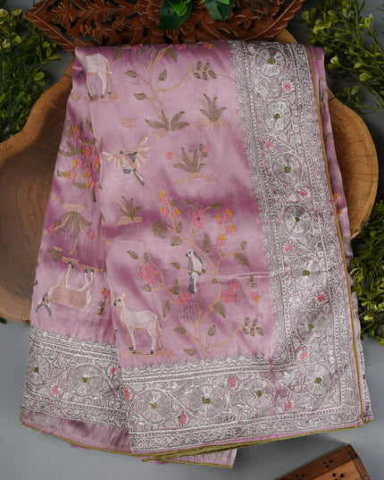 Soft Tissue Organza Saree with Zari & Thread Embroidery Pichuai Design - Baby Pink