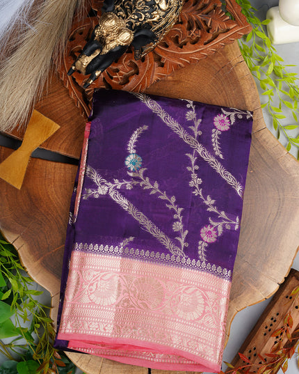 Chanderi Silk Saree With Golden Meenakari Butties Contrast Border - Violet