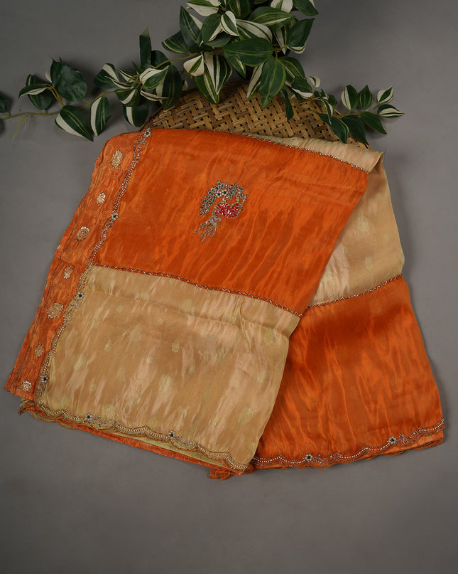 Italian Crape Rangkat Style With Scallop Border With Embroidery Hand Work - Orange