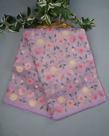 Tissue Linen Saree With Thread Embroidery with Lace Border - Lavender