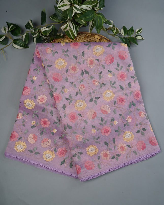 Tissue Linen Saree With Thread Embroidery with Lace Border - Lavender