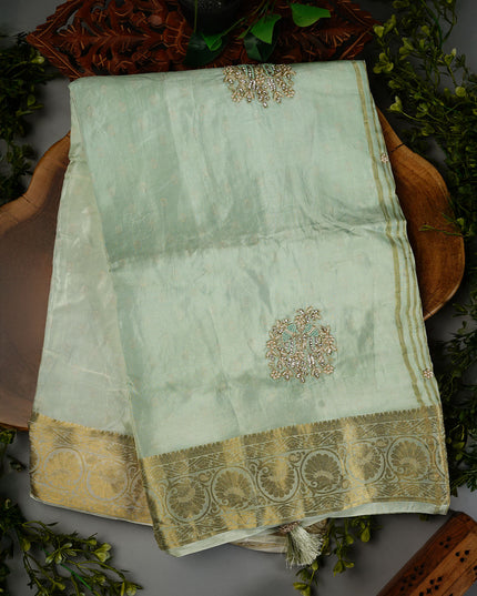 Russion Crepe Pull and Kardhana Buttis Golden Stripes Border - Sea Green