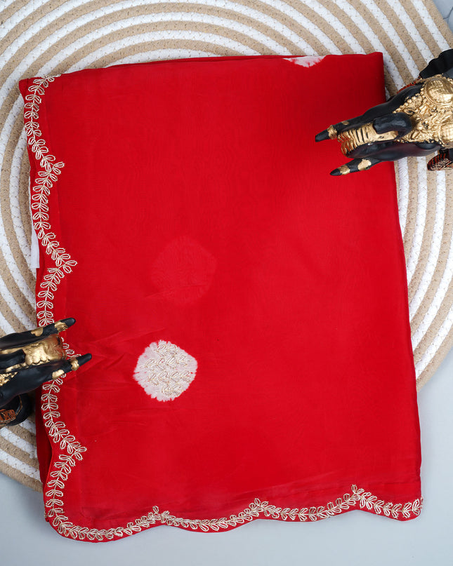 Russian Silk Zardozi Work with Scallop Border - Red