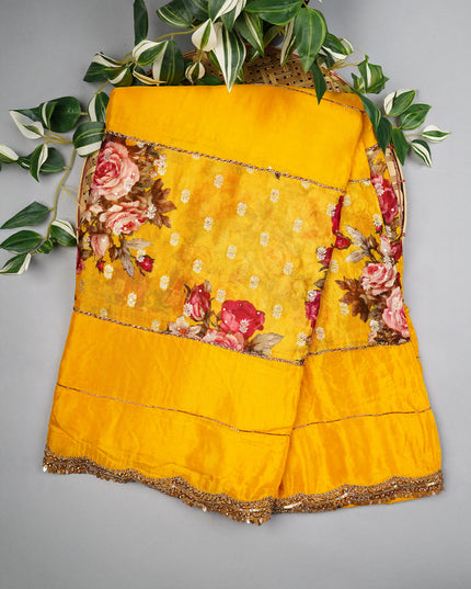 Crepe Saree With Floral Print Scallop Border Kardhana Sequence Work - Yellow