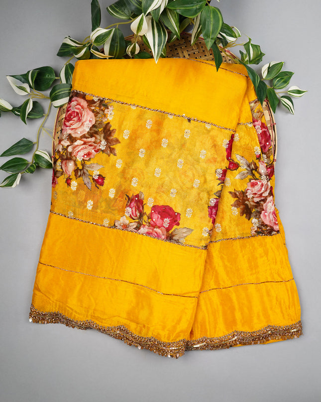 Crepe Saree With Floral Print Scallop Border Kardhana Sequence Work - Yellow