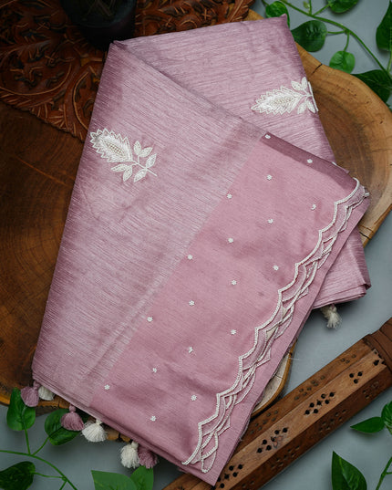 Jute Tusser Silk Saree with Satin Border and Pearl Work Butties- Lavender