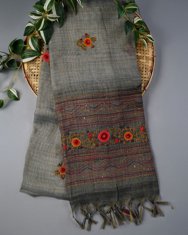 Tissue Linen Saree With Kantha Work & Contrast Border - Mint Blue