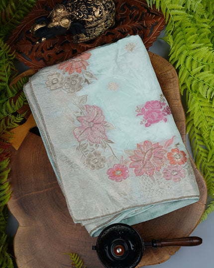 Italian Crepe with Kardana Work and Gold Zari Butties - Sea Blue