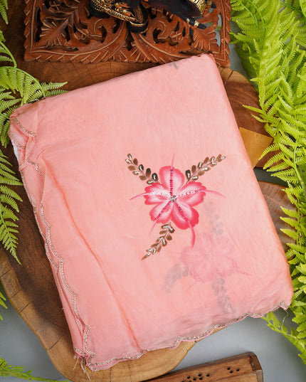 Russian Silk Saree Hand Painting Design With Kardana & Sequence Work Scallop Border With Pearl  Work - Lite Pink