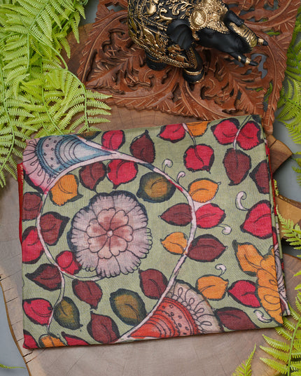 Binny crepe Saree kalamkari print with contrast border - Green