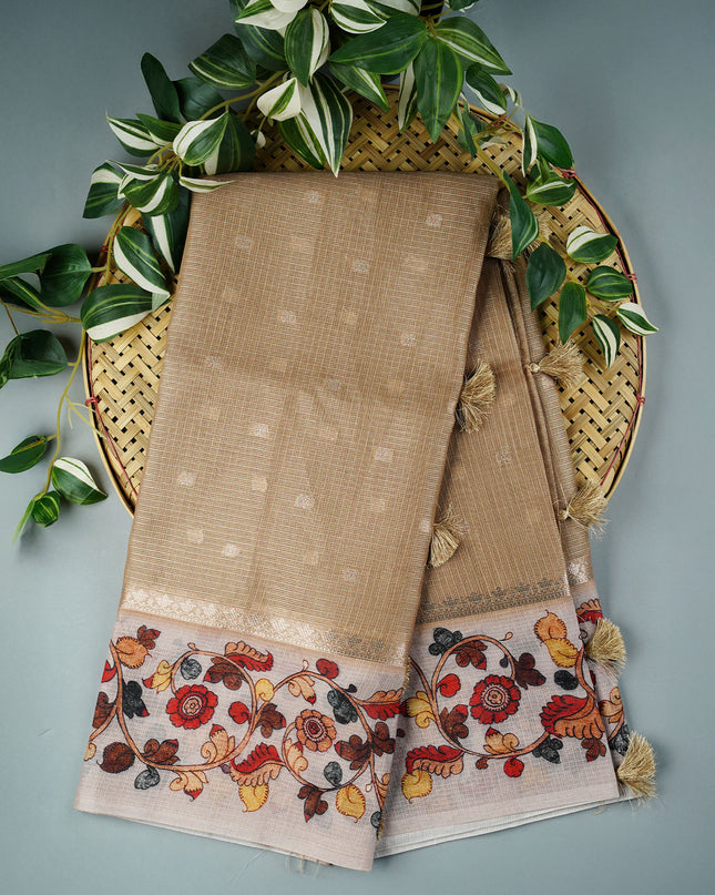 Tissue Kota Saree with Gold Butties and Contrast Floral Print Border- Tan