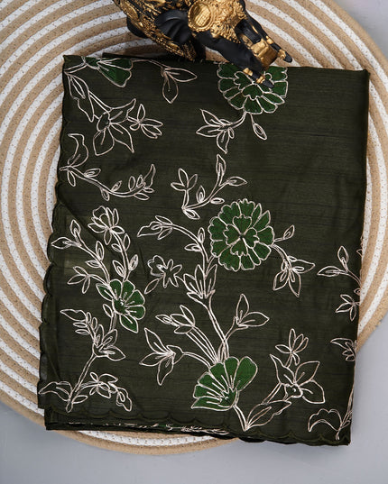 Tusser silk saree with applique and pitta work with scallop border - Bottle Green
