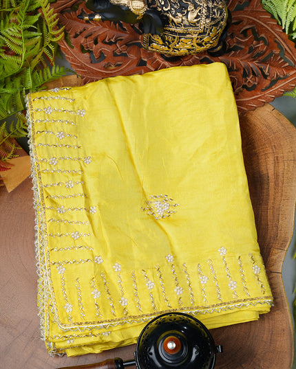 Italian Crape Saree with Khardana and  Pearl Work Border - Yellow