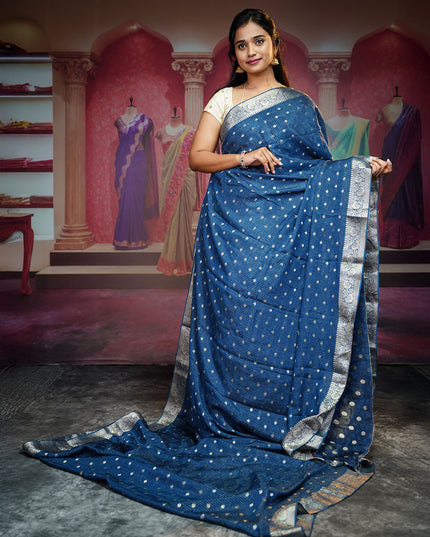 Korean Crepe Saree With Golden Buttis & Border - Teal Blue