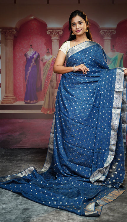 Korean Crepe Saree With Golden Buttis & Border - Teal Blue