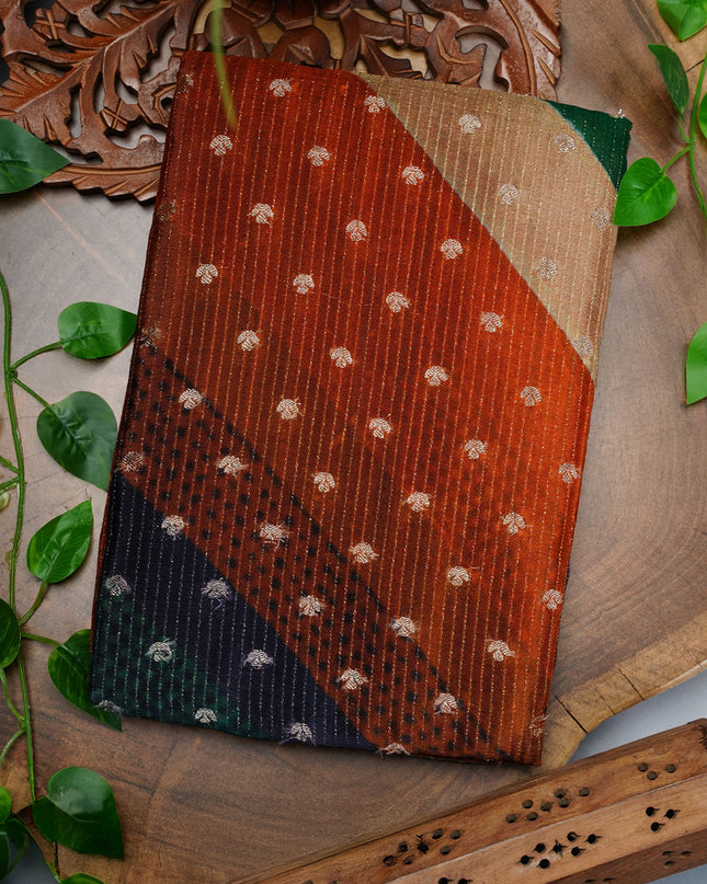 Korean Crepe Sarees with Gold Butties and Gold Border- Bottle Green