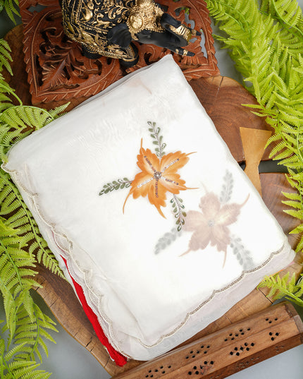 Russian Silk Saree Hand Painting Design With Kardana & Sequence Work Scallop Border With Pearl Work - White