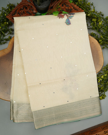 Kota Chanderi Saree with Mirror and Applique Work Contrast Border- Sea Green