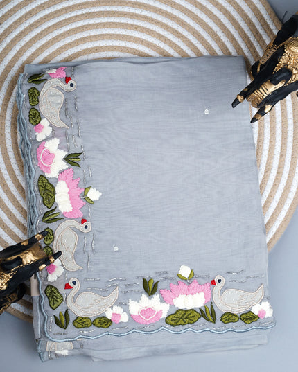 Russian Crepe Saree with Thread Work and Scallop border - Grey