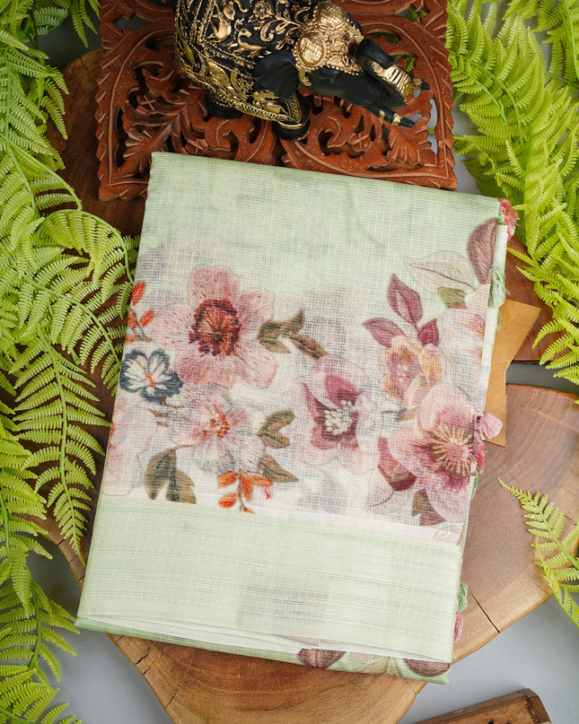 Kota cotton Saree with Floral Print - L Green