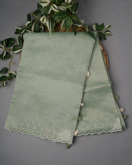 Tissue Linen Saree With Scallop Border With Pearl Work - Mint Green