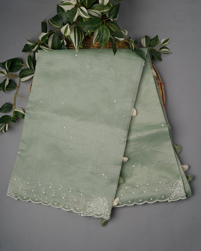 Tissue Linen Saree With Scallop Border With Pearl Work - Mint Green