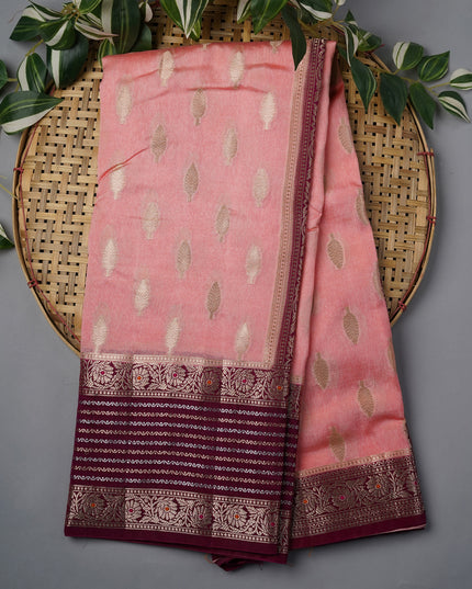 Chanderi Silk Saree With Gold & Silver Contrast Gap Border - Orange