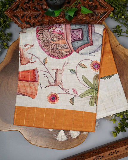 Tusser Silk Saree with Digital Print and Contrast Border- Maroon Yellow