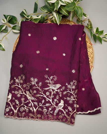 Soft Velvet Saree With Gold Zari Peta Work With Scallop Work - Purple