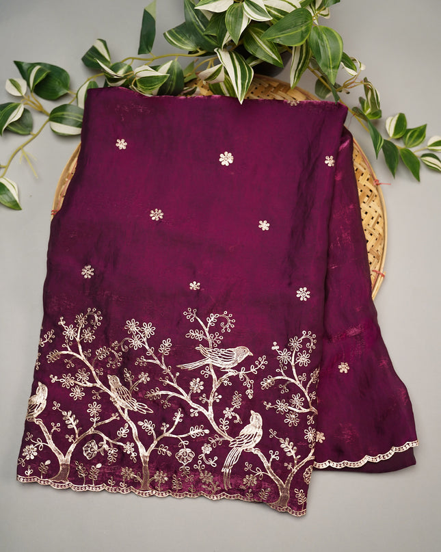 Soft Velvet Saree With Gold Zari Peta Work With Scallop Work - Purple