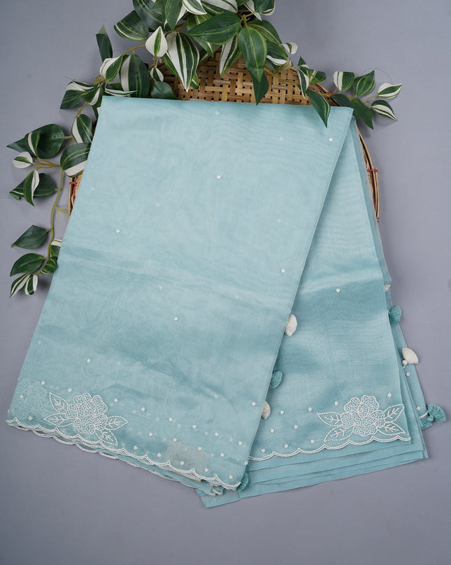 Tissue Linen Saree With Scallop Border With Pearl Work - Mint Blue