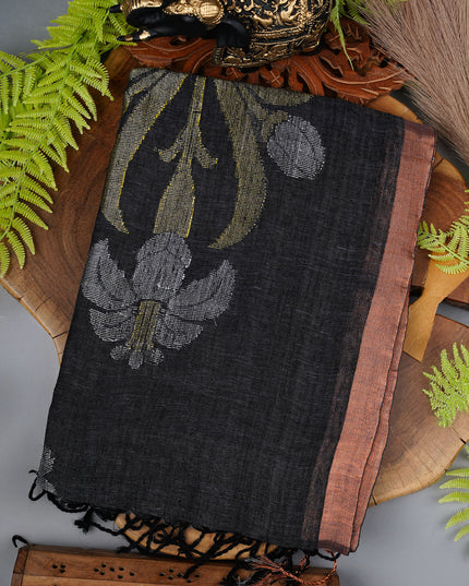 Lenin Cotton Saree with Gold and Silver Butties and Contrast Border- Grey